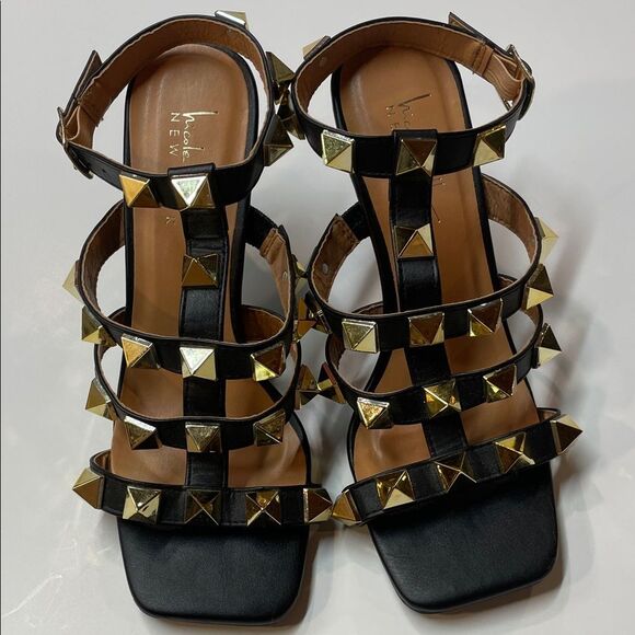 Nicole Miller New York Black Studded Strappy Block Heel Sandals Women’s Sz 8 - Picture 1 of 10